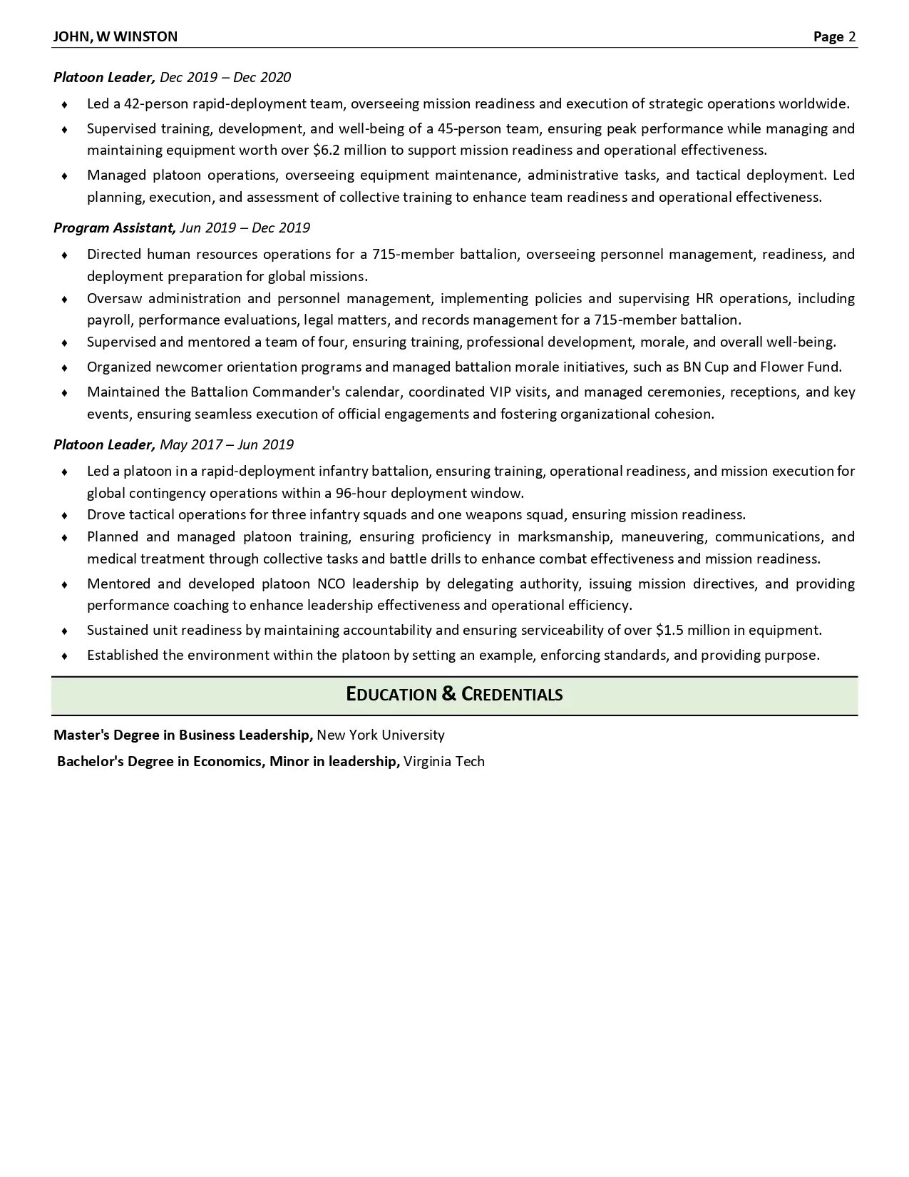 Military resume example page 2
