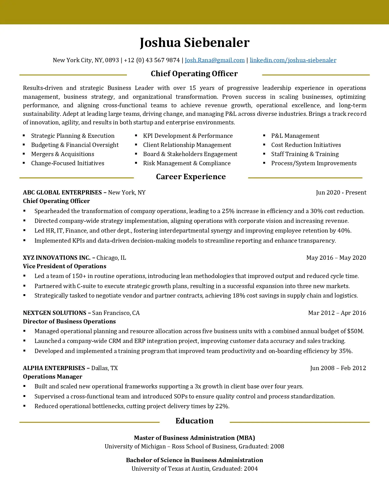 Sample executive resume for COO